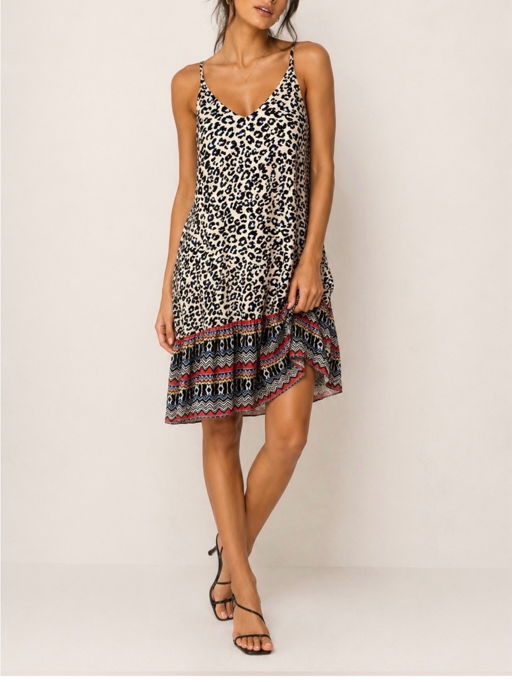 CAbi Beige and Black Leopard Print dress with Multicolor Tribal Hem